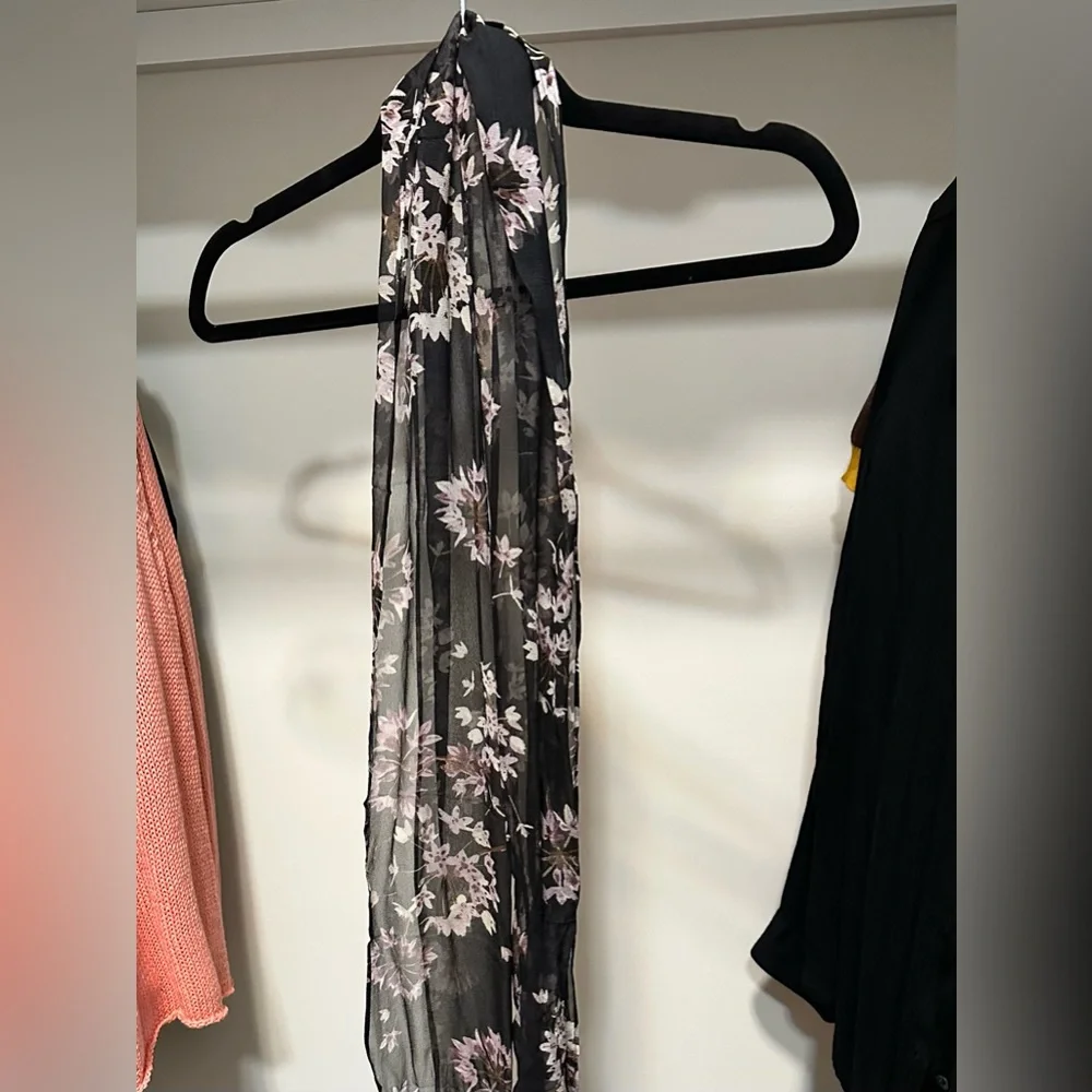 Sheer black floral slim scarf